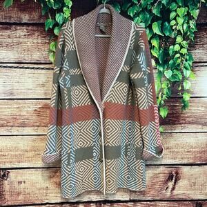 Sharon Young Aztec Cardigan Large Sweater Chevron Colorblock Boho Lapel Collar